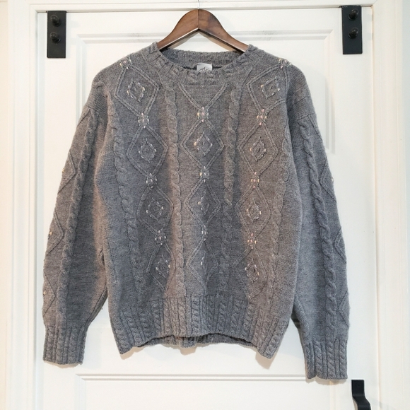 80s Fisher Hill Womens L Pure Wool Crewneck Sweater Embroidered Grey Cable Knit - Picture 1 of 9